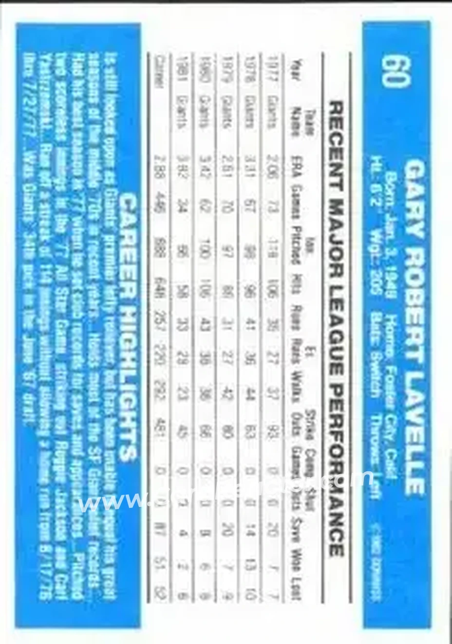 1982 Donruss #60 - Gary Lavelle - San Francisco Giants - Back