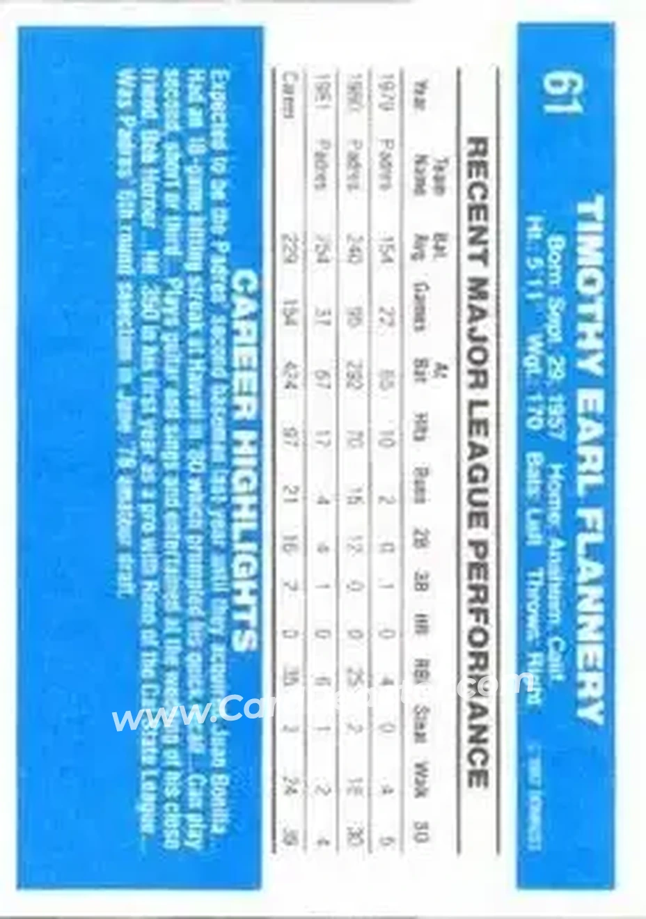 1982 Donruss #61 - Tim Flannery - San Diego Padres - Back