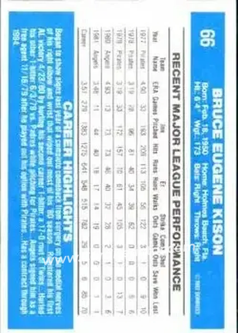 1982 Donruss #66 - Bruce Kison - California Angels - Back