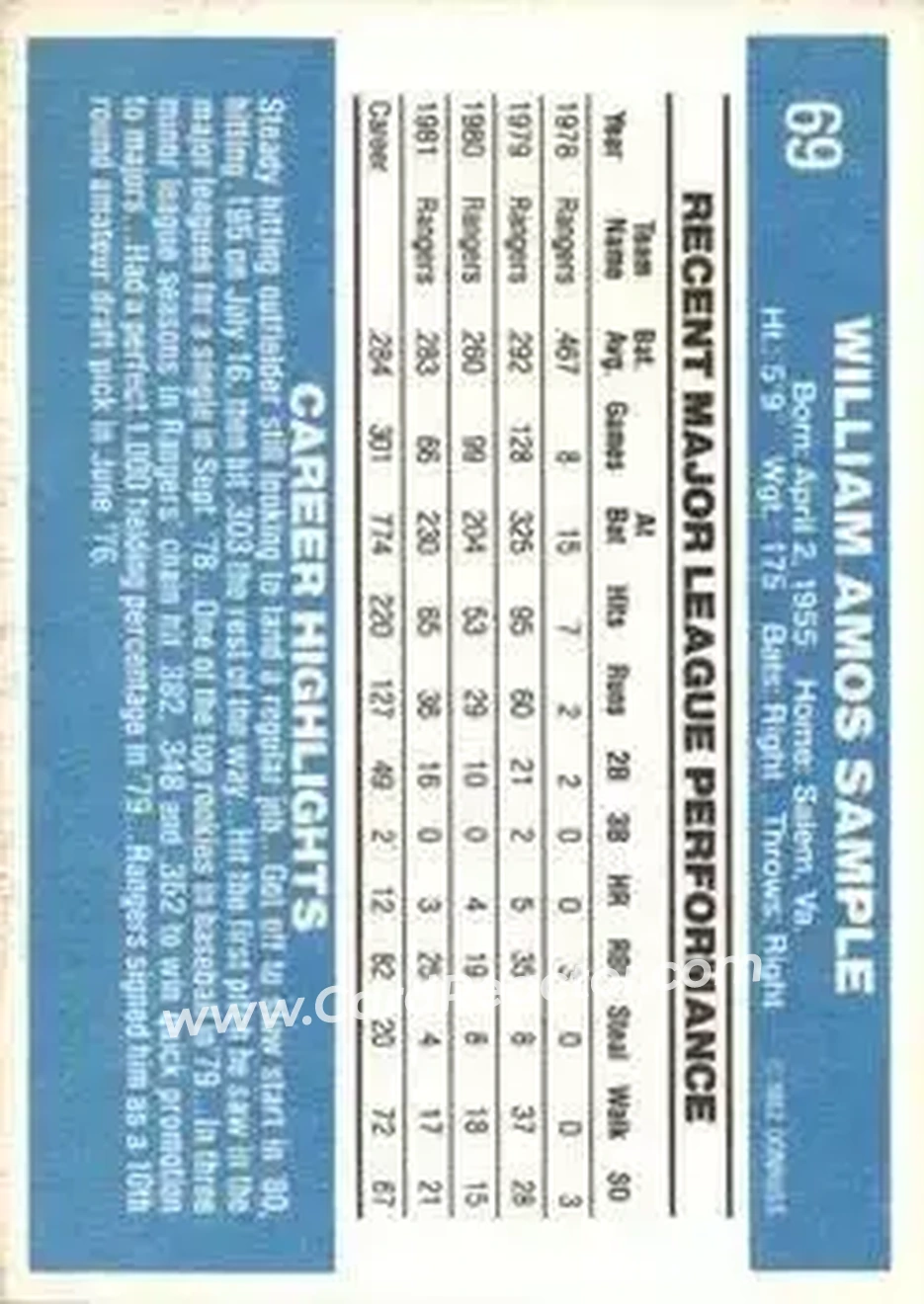 1982 Donruss #69 - Billy Sample - Texas Rangers - Back 1982 Donruss #69 - Billy Sample - Texas Rangers - Back
