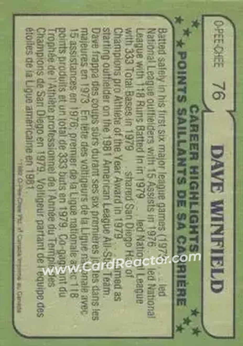 1982 O-Pee-Chee #76 - Dave Winfield - New York Yankees - Back 1982 O-Pee-Chee #76 - Dave Winfield - New York Yankees - Back