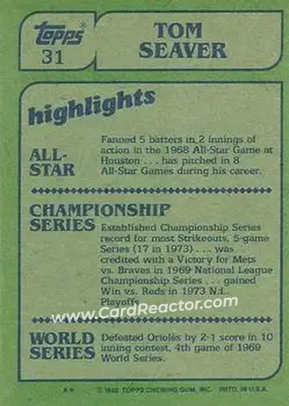 1982 Topps #31 - Tom Seaver - Cincinnati Reds - Back