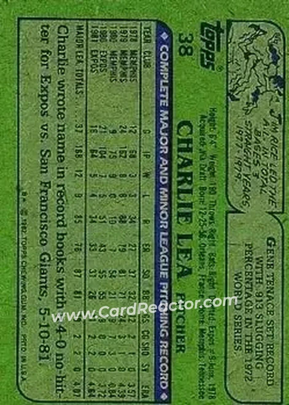 1982 Topps #38 - Charlie Lea - Montreal Expos - Back 1982 Topps #38 - Charlie Lea - Montreal Expos - Back