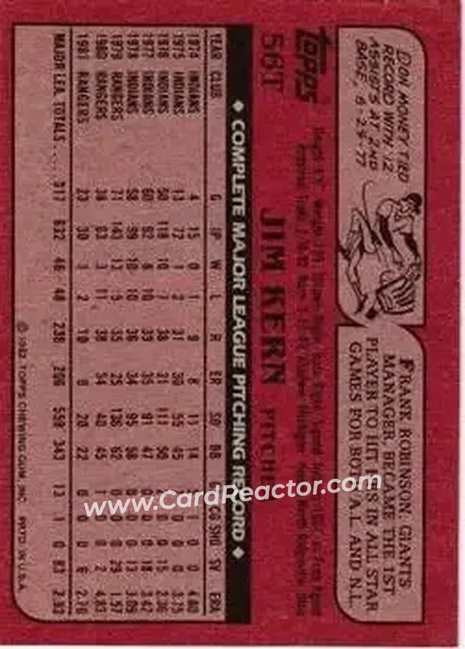 1982 Topps Traded #56T - Jim Kern - Cincinnati Reds - Back 1982 Topps Traded #56T - Jim Kern - Cincinnati Reds - Back