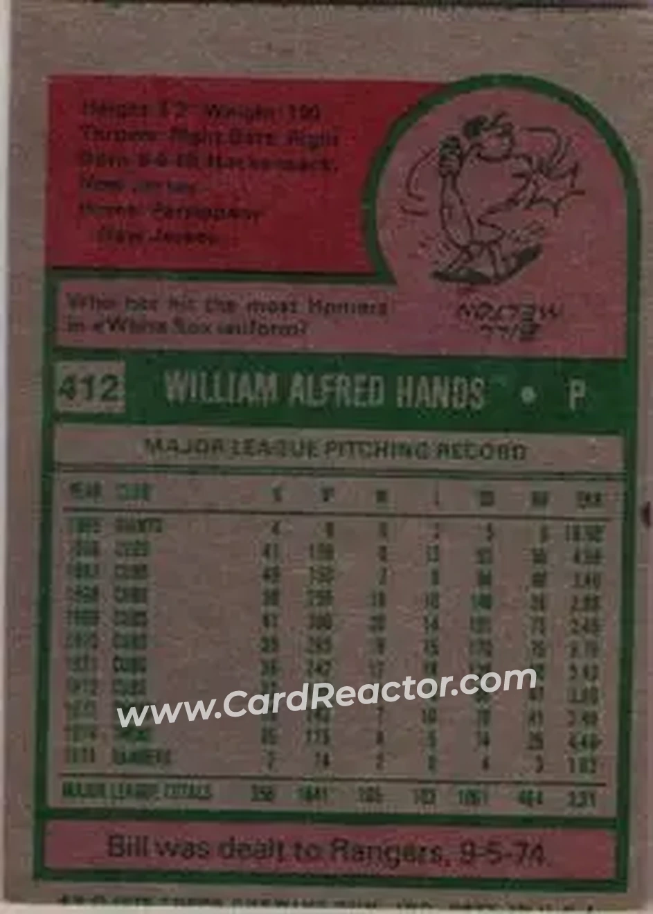 1975 Topps #412 - Bill Hands - Texas Rangers - Back