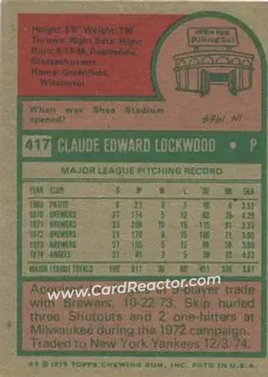 1975 Topps #417 - Skip Lockwood - California Angels - Back 1975 Topps #417 - Skip Lockwood - California Angels - Back
