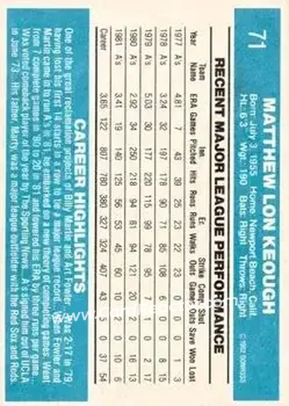 1982 Donruss #71 - Matt Keough - Oakland Athletics - Back