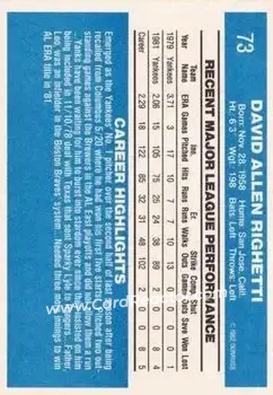 1982 Donruss #73 - Dave Righetti - New York Yankees - Back