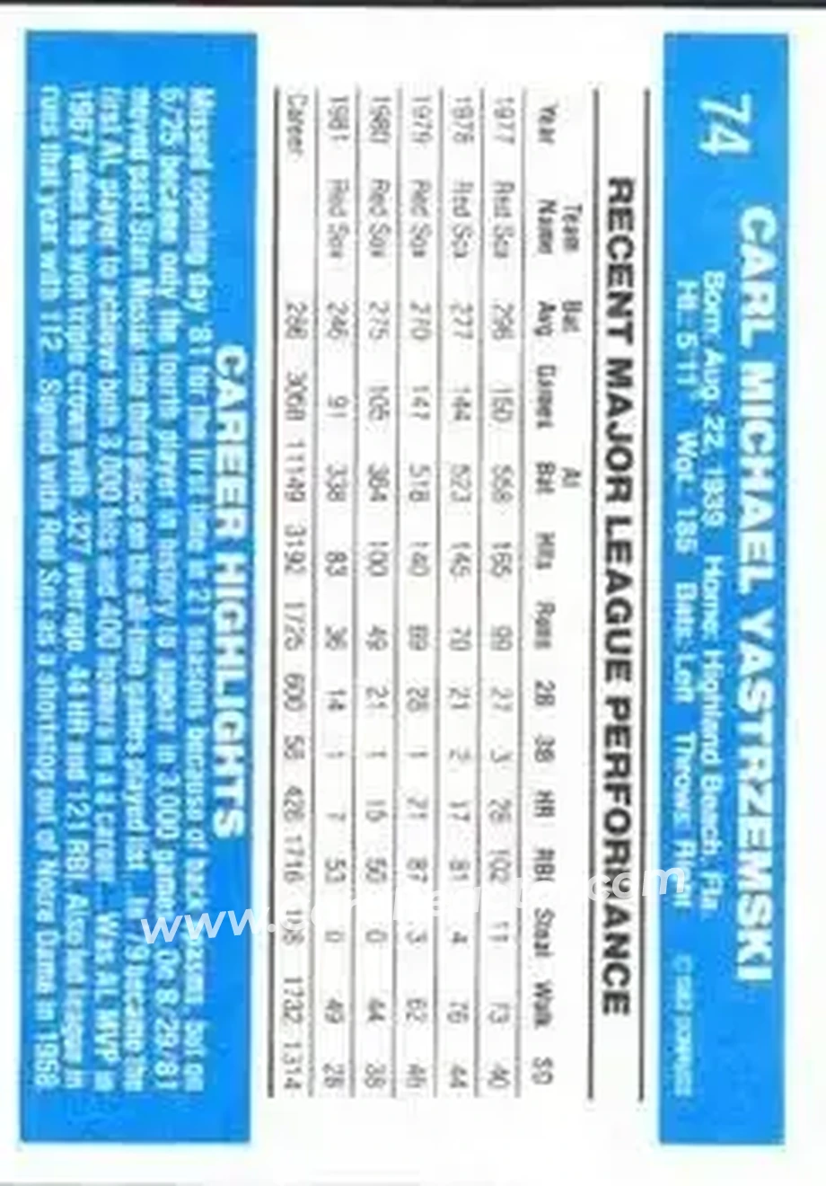 1982 Donruss #74 - Carl Yastrzemski - Boston Red Sox - Back