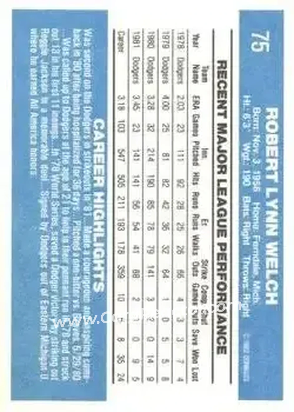 1982 Donruss #75 - Bob Welch - Los Angeles Dodgers - Back 1982 Donruss #75 - Bob Welch - Los Angeles Dodgers - Back