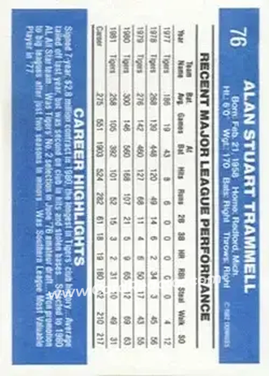 1982 Donruss #76 - Alan Trammell - Detroit Tigers - Back