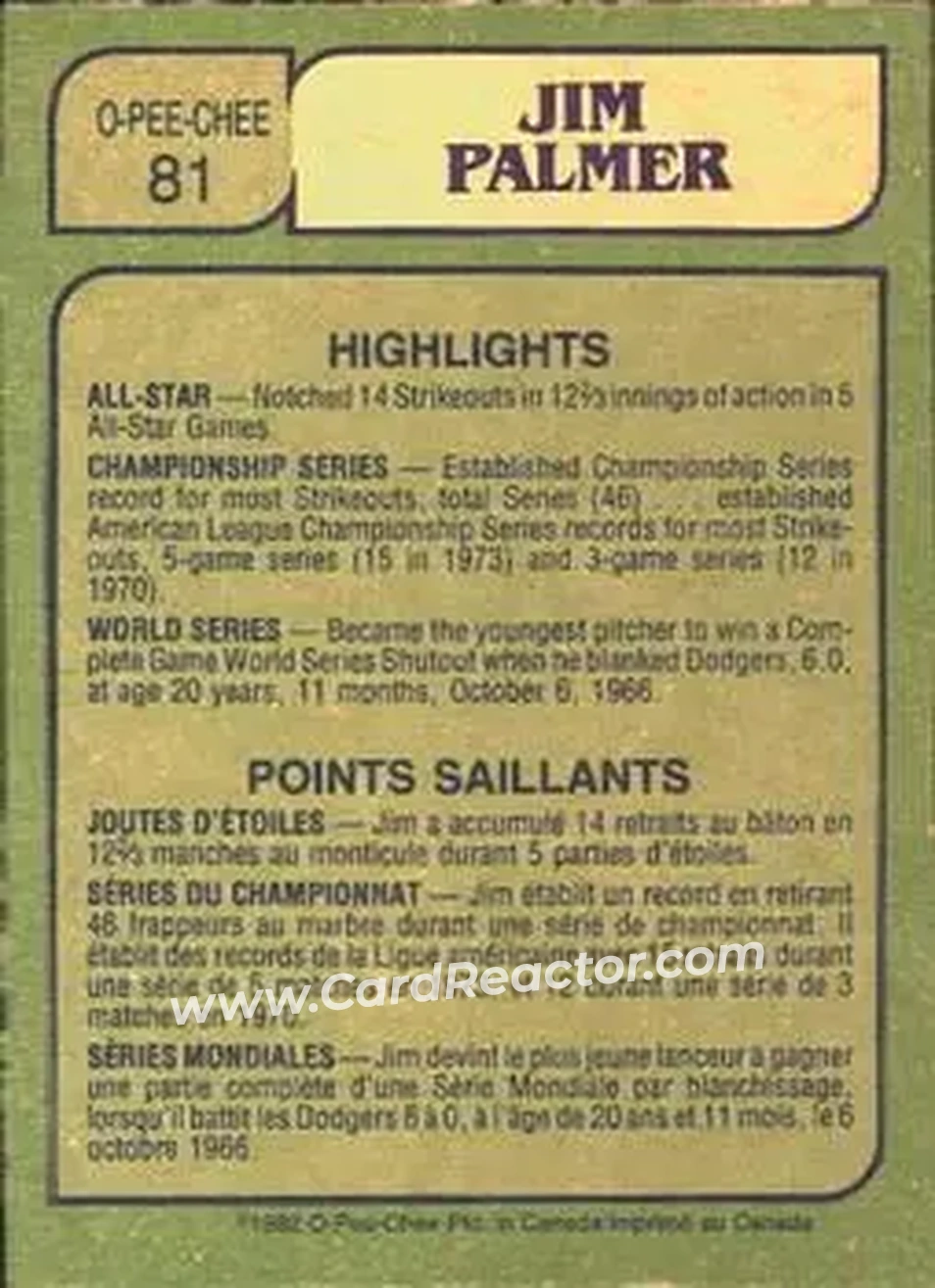 1982 O-Pee-Chee #81 - Jim Palmer - Baltimore Orioles - Back 1982 O-Pee-Chee #81 - Jim Palmer - Baltimore Orioles - Back