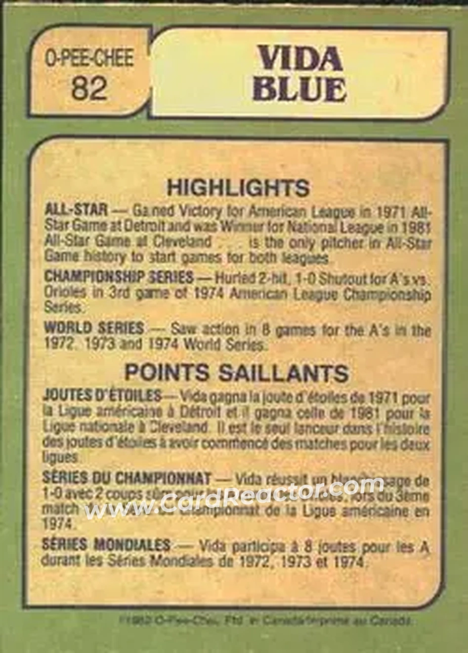 1982 O-Pee-Chee #82 - Vida Blue - San Francisco Giants - Back