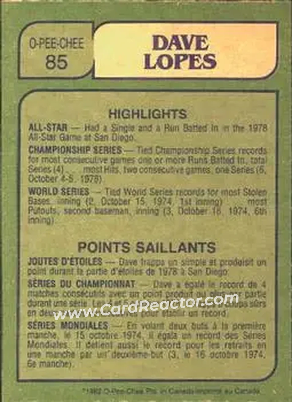 1982 O-Pee-Chee #85 - Dave Lopes - Oakland Athletics - Back