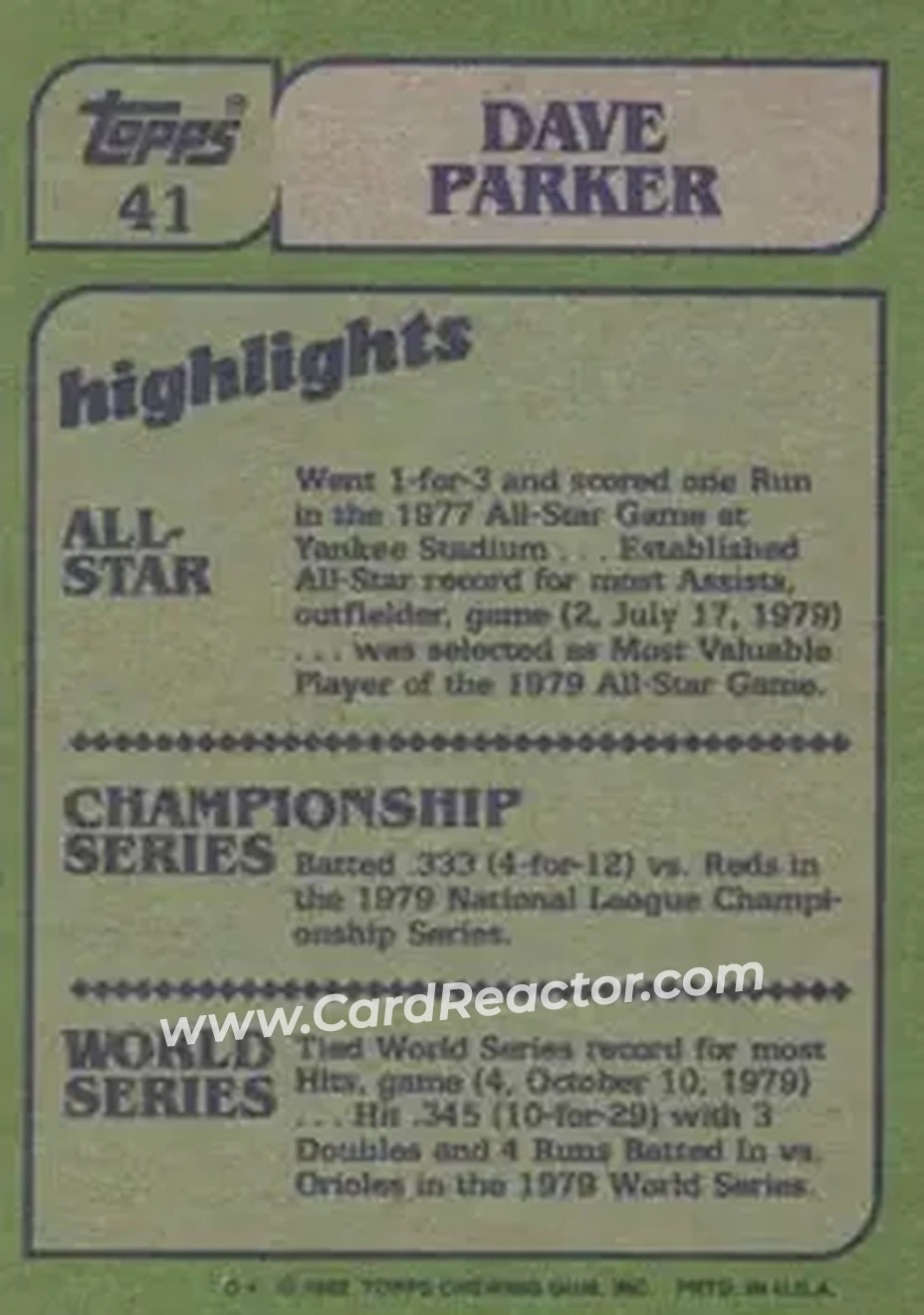 1982 Topps #41 - Dave Parker - Pittsburgh Pirates - Back 1982 Topps #41 - Dave Parker - Pittsburgh Pirates - Back