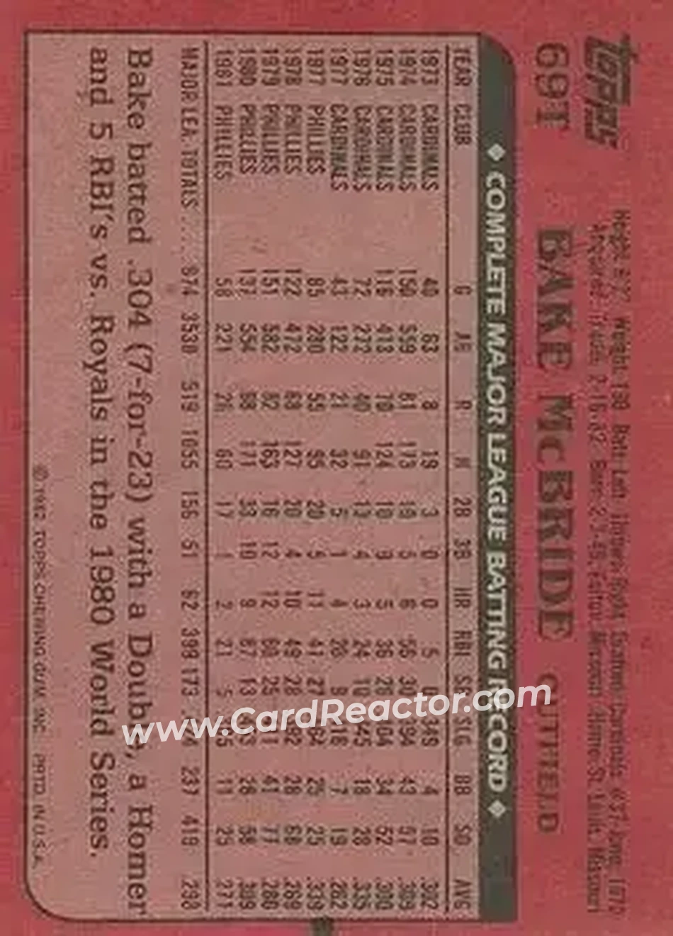 1982 Topps Traded #69T - Bake McBride - Cleveland Indians - Back