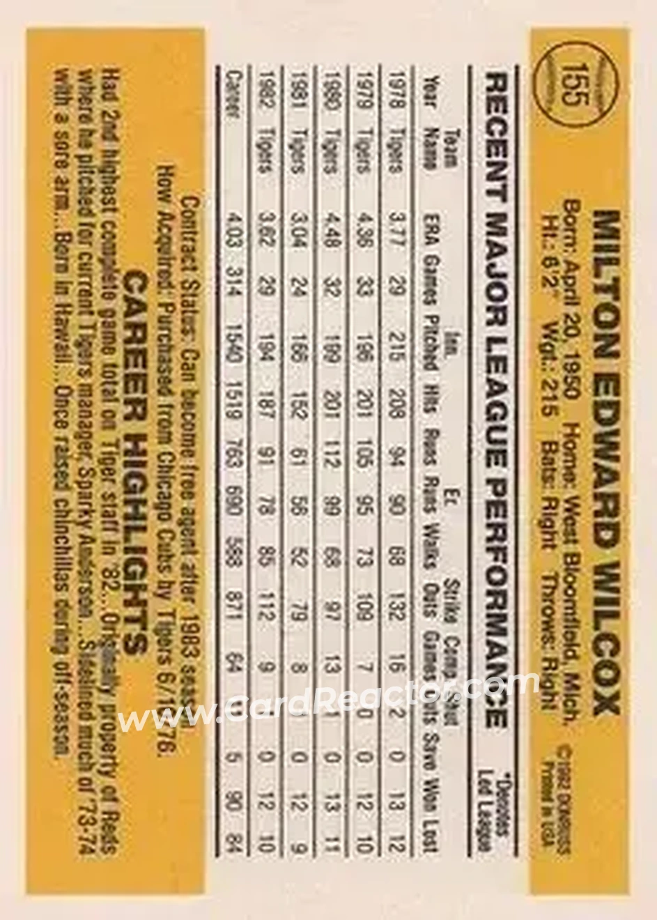 1983 Donruss #155 - Milt Wilcox - Detroit Tigers - Back
