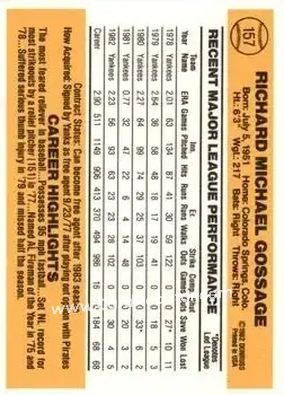 1983 Donruss #157 - Rich Gossage - New York Yankees - Back 1983 Donruss #157 - Rich Gossage - New York Yankees - Back