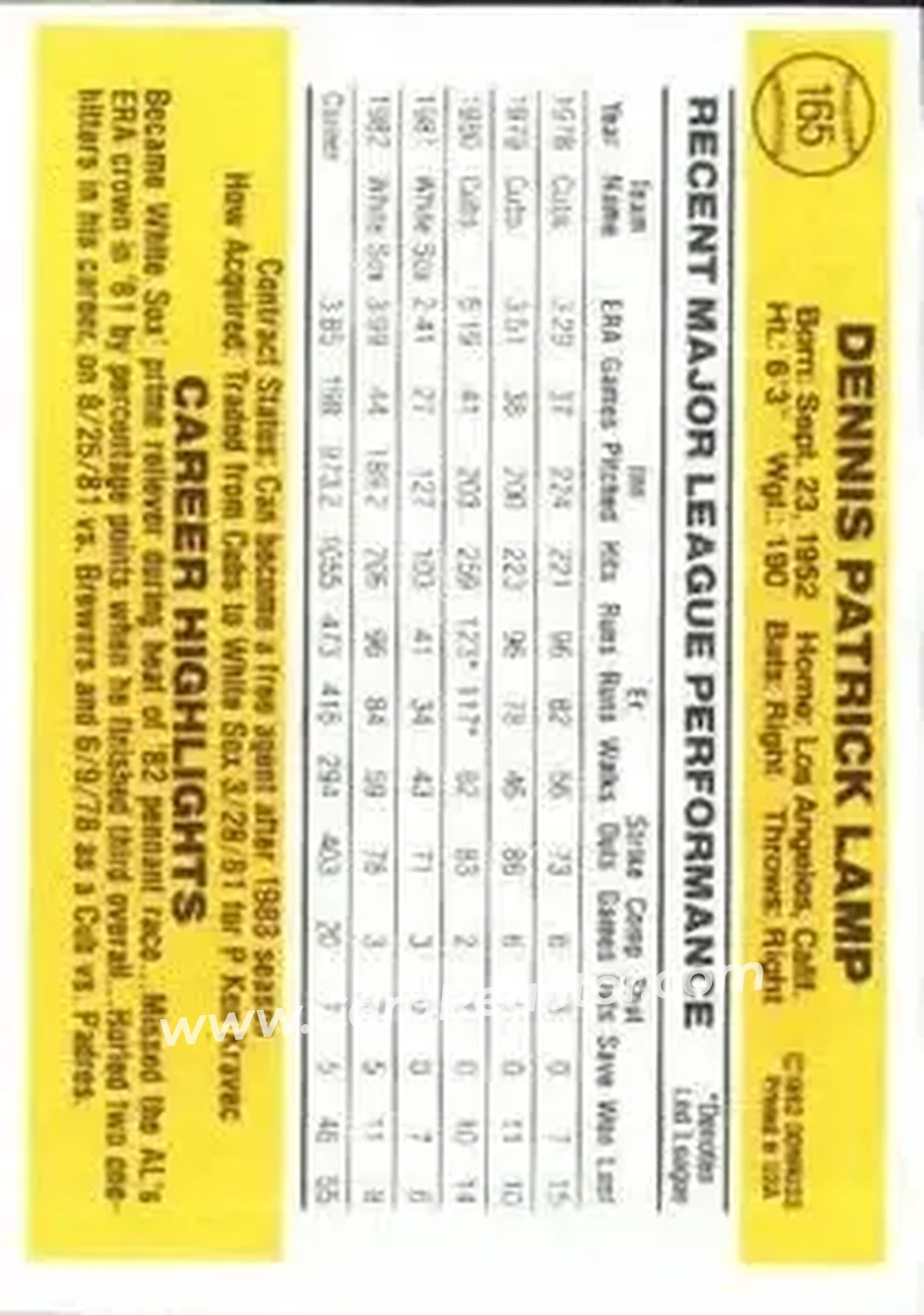 1983 Donruss #165 - Dennis Lamp - Chicago White Sox - Back