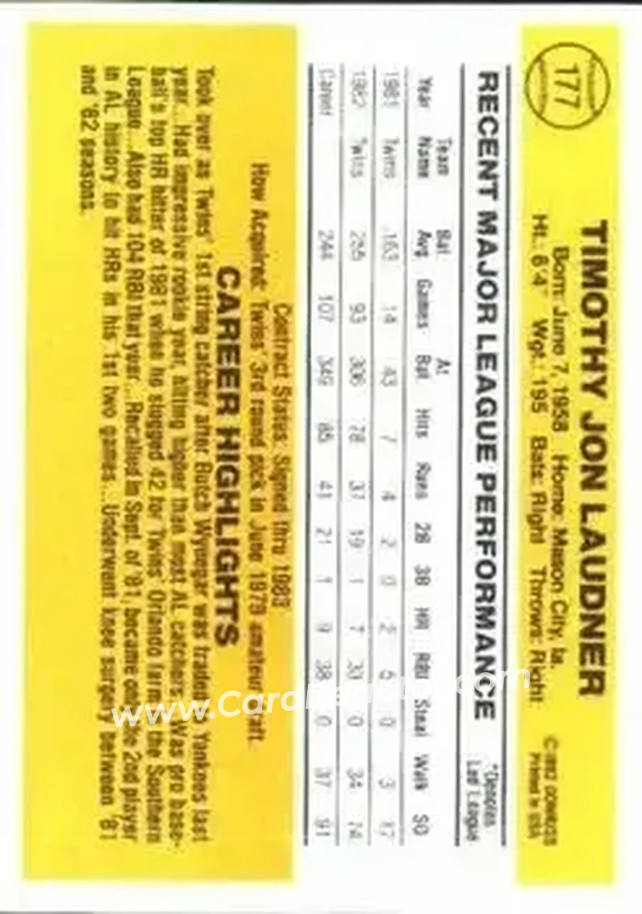 1983 Donruss #177 - Tim Laudner - Minnesota Twins - Back 1983 Donruss #177 - Tim Laudner - Minnesota Twins - Back