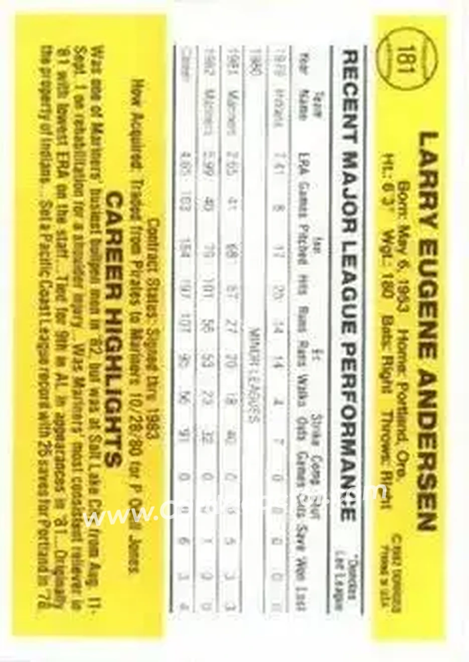 1983 Donruss #181 - Larry Andersen - Seattle Mariners - Back 1983 Donruss #181 - Larry Andersen - Seattle Mariners - Back