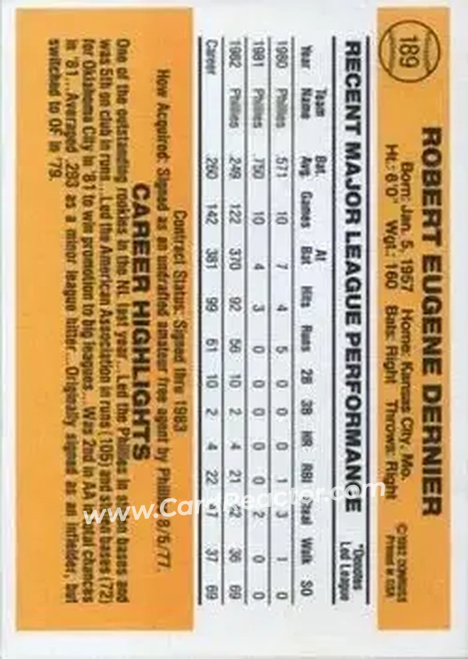 1983 Donruss #189 - Bob Dernier - Philadelphia Phillies - Back