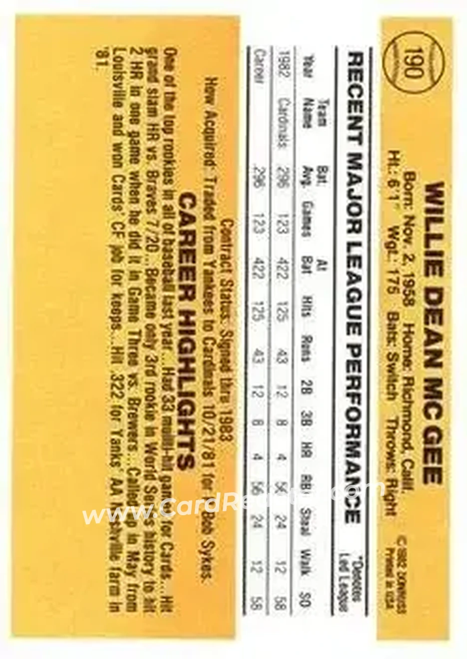 1983 Donruss #190 - Willie McGee - St. Louis Cardinals - Back