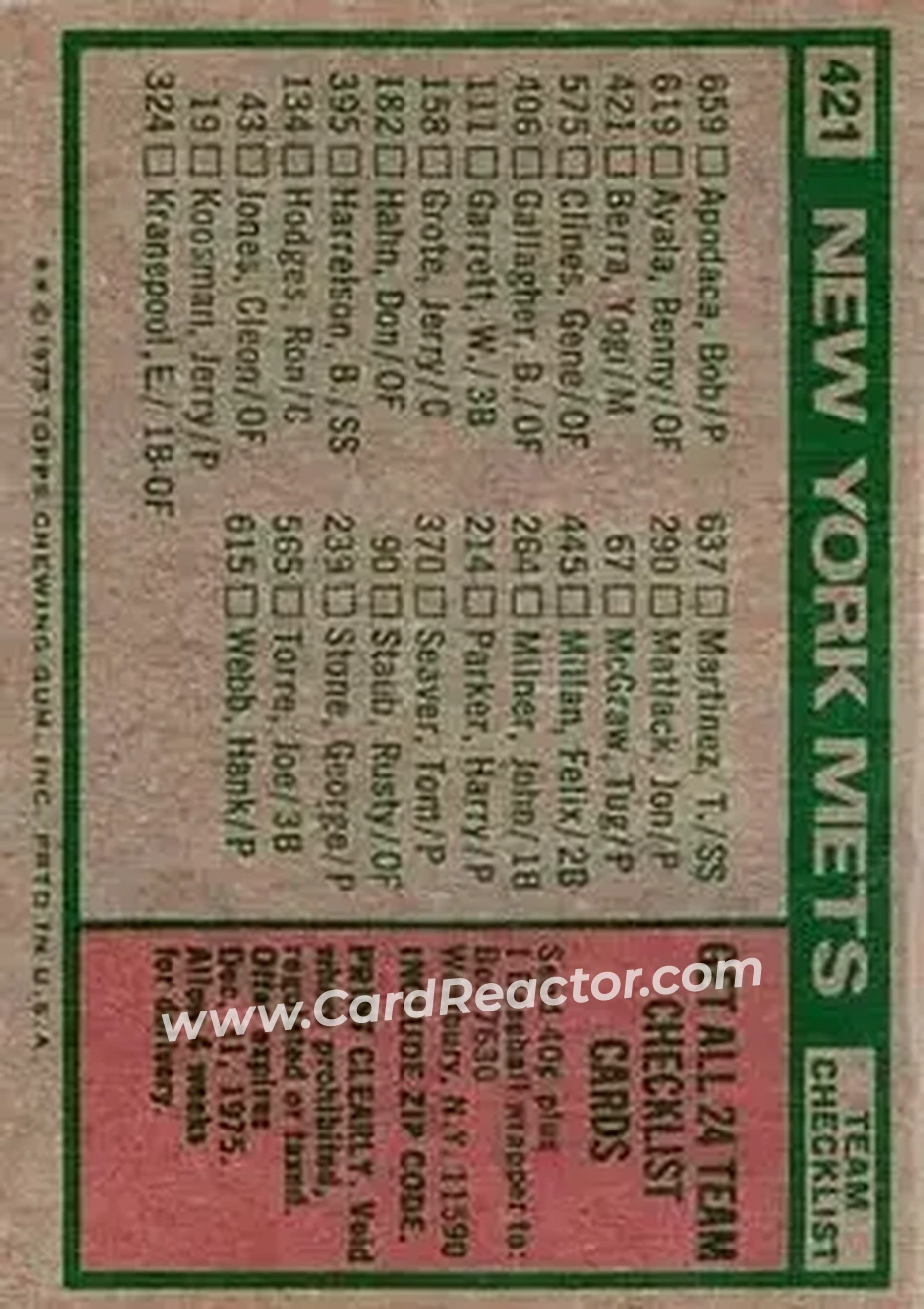 1975 Topps #421 - Card #421 - New York Mets - Back