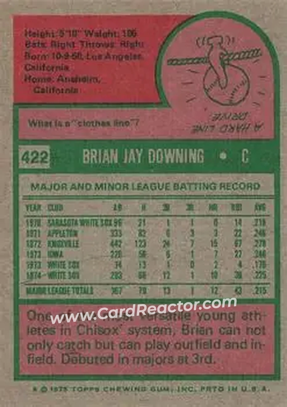 1975 Topps #422 - Brian Downing - Chicago White Sox - Back