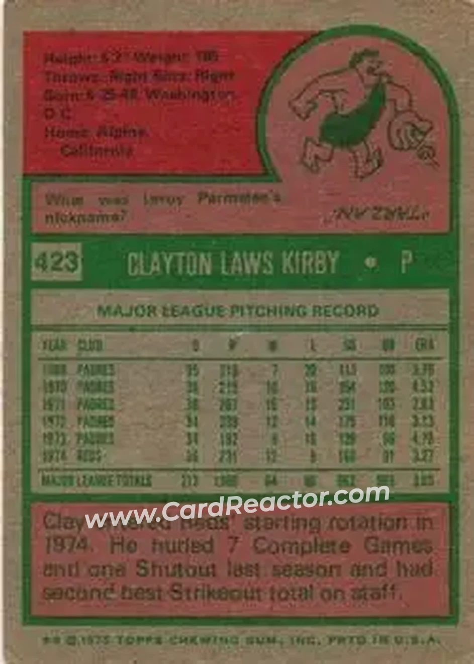 1975 Topps #423 - Clay Kirby - Cincinnati Reds - Back 1975 Topps #423 - Clay Kirby - Cincinnati Reds - Back