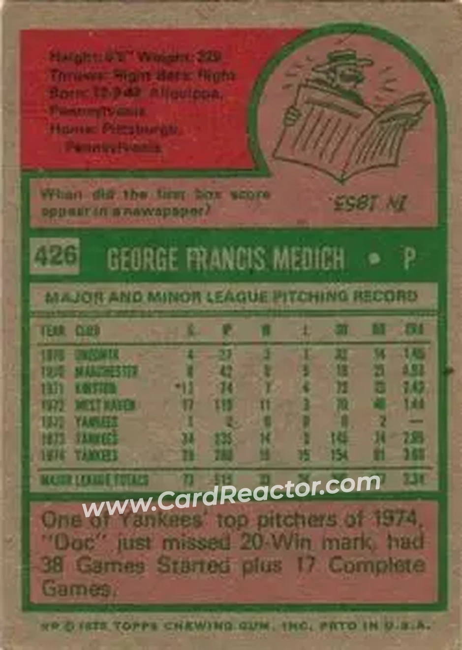 1975 Topps #426 - George Medich - New York Yankees - Back 1975 Topps #426 - George Medich - New York Yankees - Back