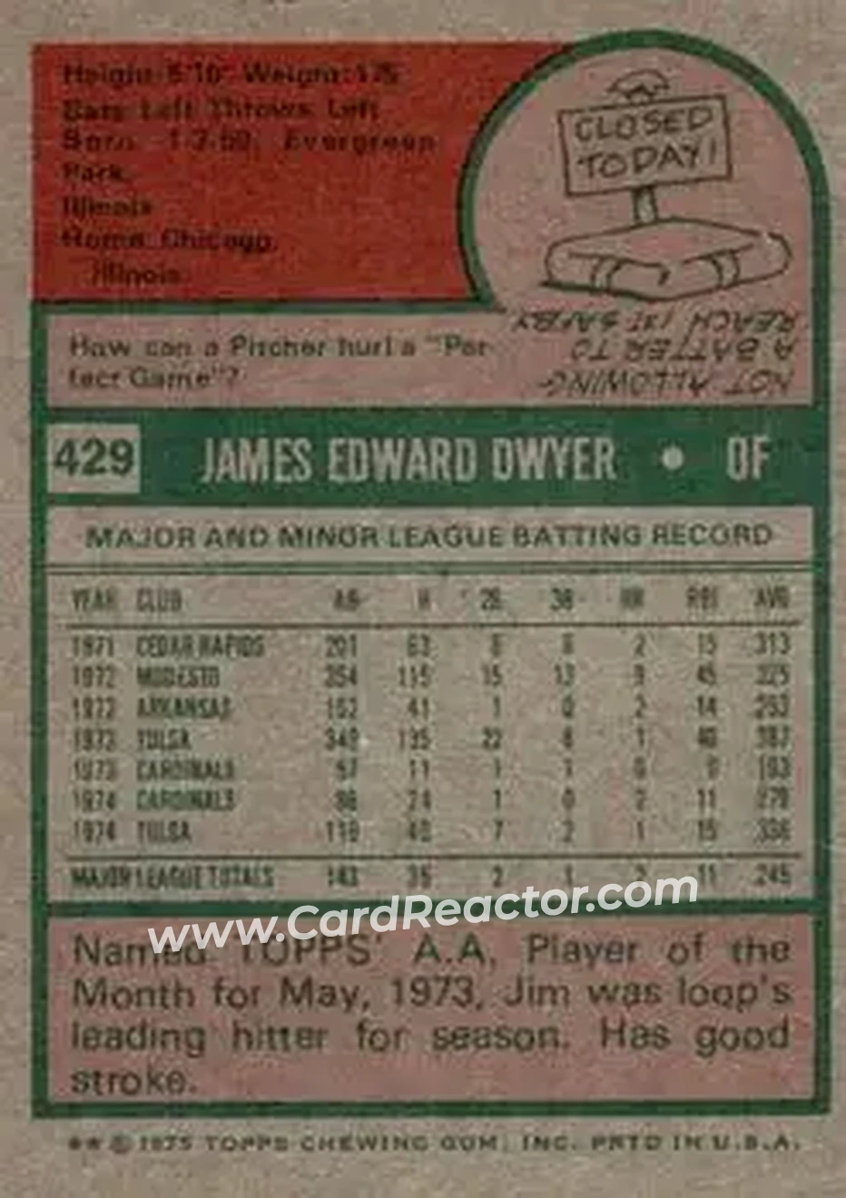 1975 Topps #429 - Jim Dwyer - St. Louis Cardinals - Back