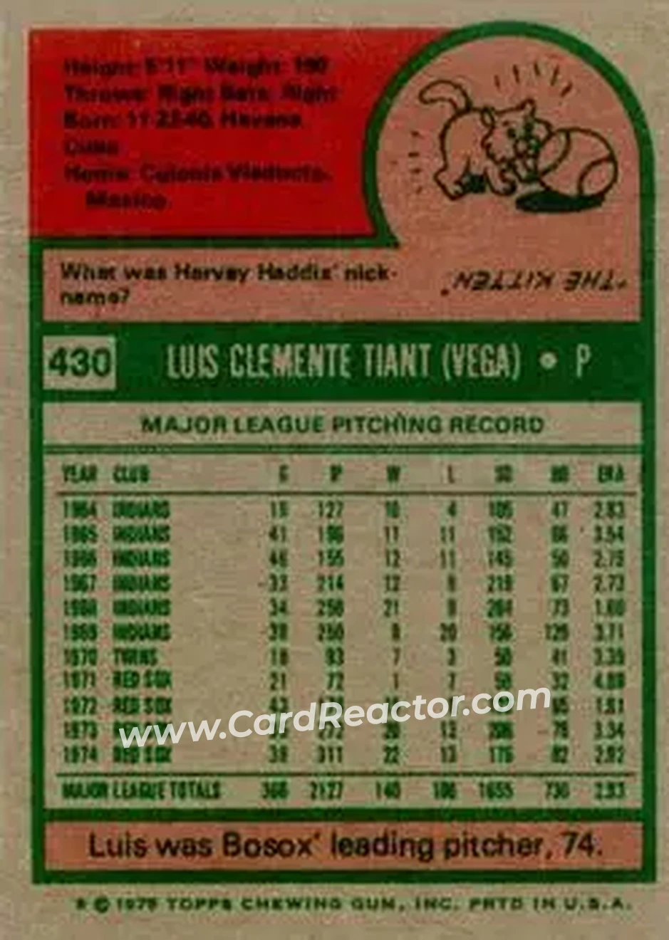 1975 Topps #430 - Luis Tiant - Boston Red Sox - Back 1975 Topps #430 - Luis Tiant - Boston Red Sox - Back