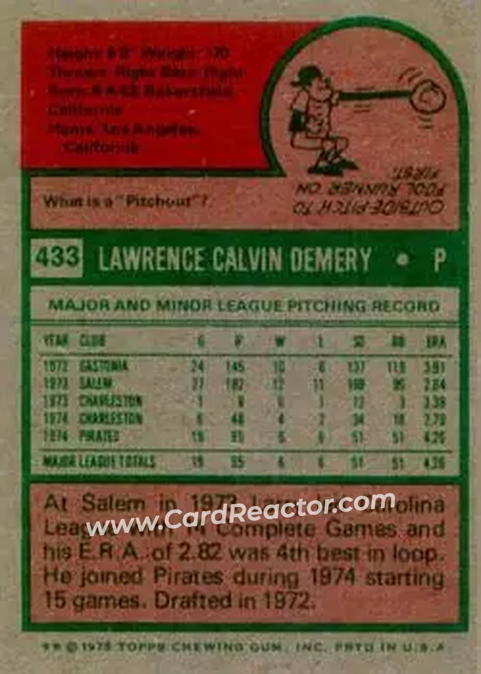 1975 Topps #433 - Larry Demery - Pittsburgh Pirates - Back
