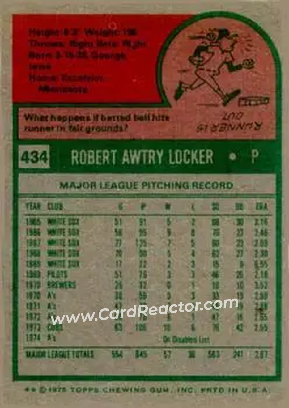 1975 Topps #434 - Bob Locker - Chicago Cubs - Back