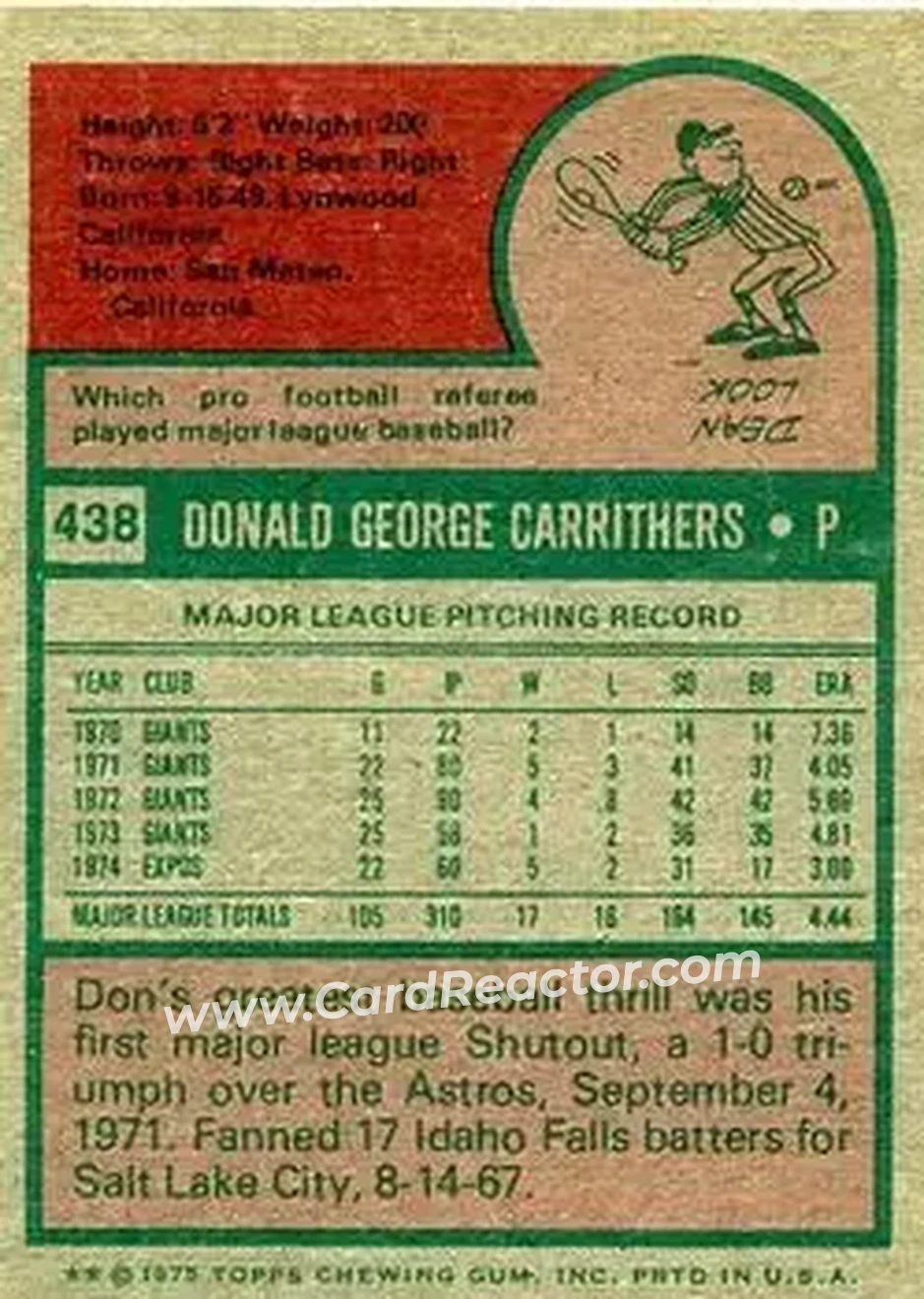 1975 Topps #438 - Don Carrithers - Montreal Expos - Back