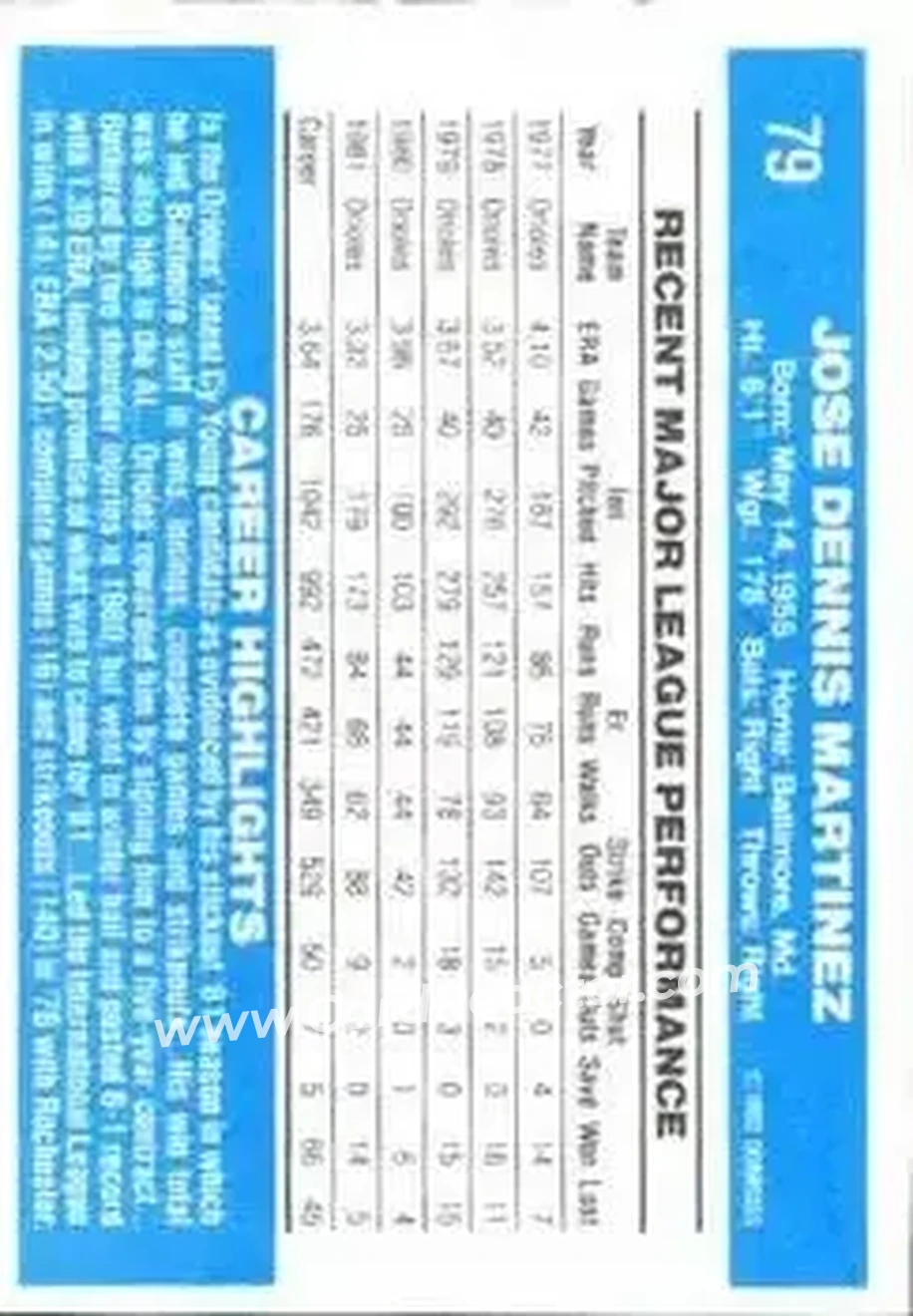 1982 Donruss #79 - Denny Martinez - Baltimore Orioles - Back 1982 Donruss #79 - Denny Martinez - Baltimore Orioles - Back