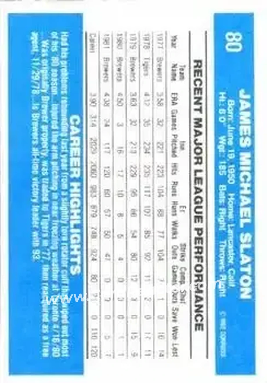 1982 Donruss #80 - Jim Slaton - Milwaukee Brewers - Back