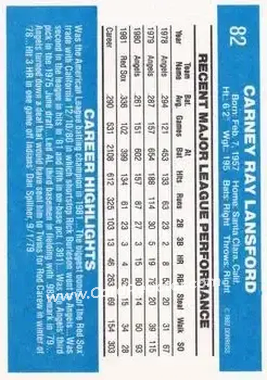 1982 Donruss #82 - Carney Lansford - Boston Red Sox - Back 1982 Donruss #82 - Carney Lansford - Boston Red Sox - Back