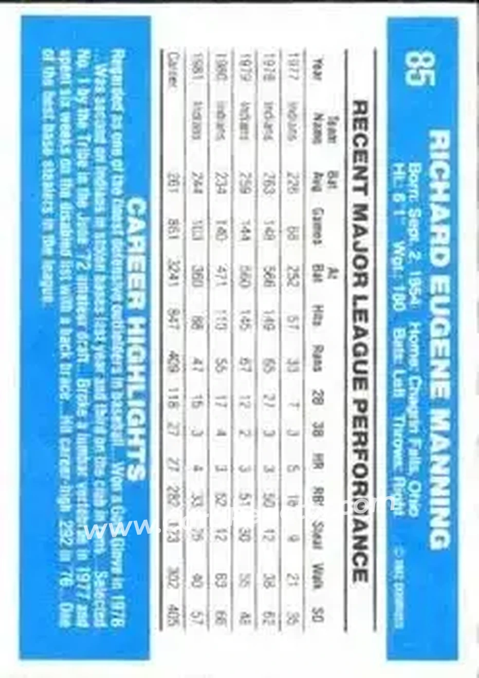 1982 Donruss #85 - Rick Manning - Cleveland Indians - Back
