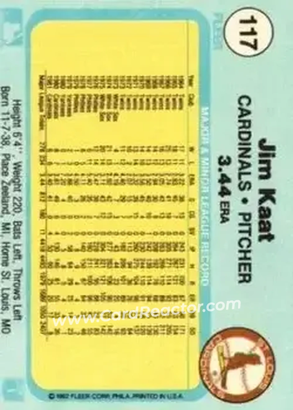 1982 Fleer #117 - Jim Kaat - St. Louis Cardinals - Back