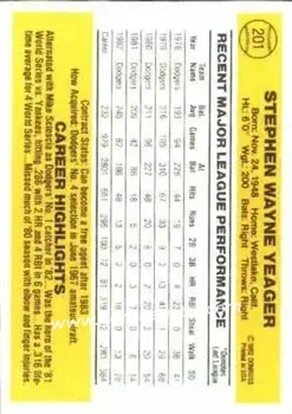 1983 Donruss #201 - Steve Yeager - Los Angeles Dodgers - Back