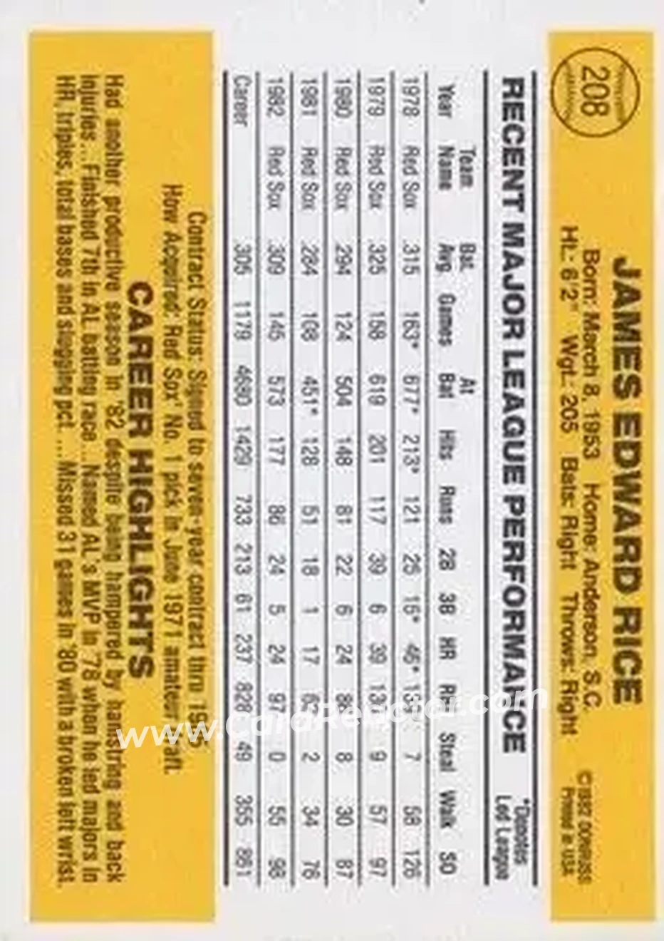 1983 Donruss #208 - Jim Rice - Boston Red Sox - Back 1983 Donruss #208 - Jim Rice - Boston Red Sox - Back