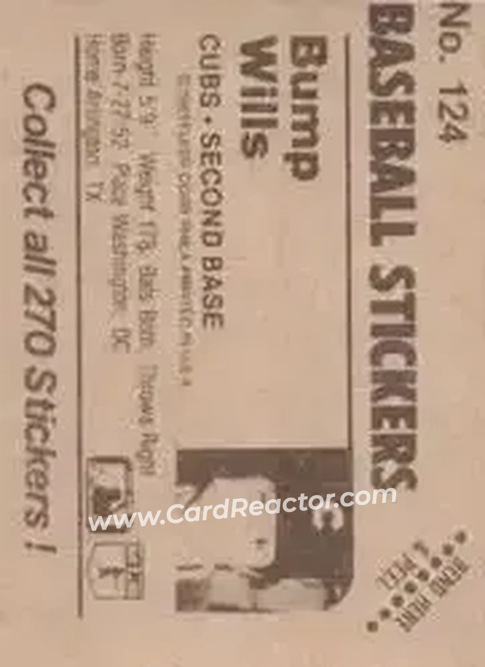 1983 Fleer Star Stickers #124 - Bump Wills - Chicago Cubs - Back 1983 Fleer Star Stickers #124 - Bump Wills - Chicago Cubs - Back