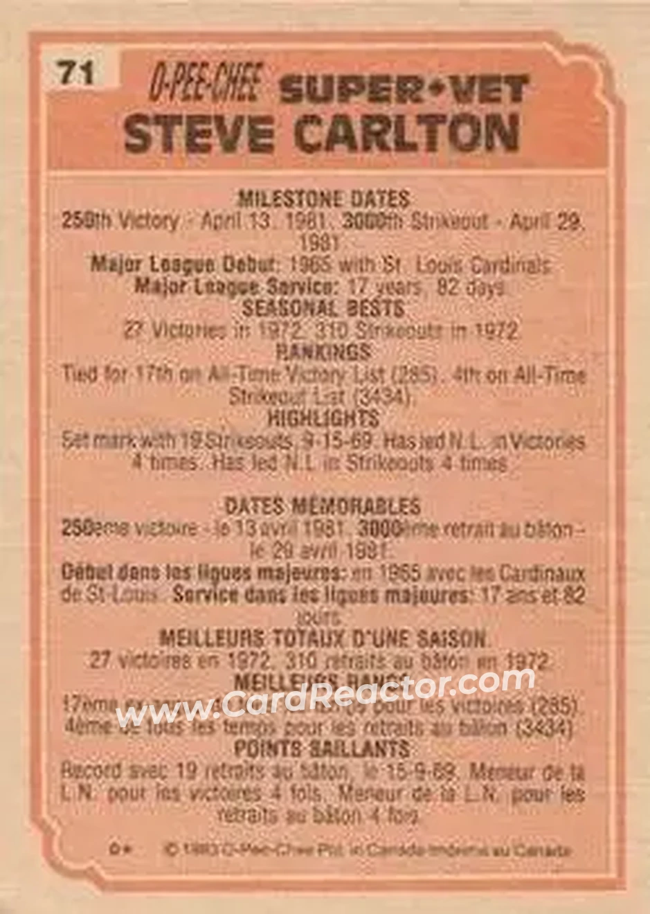 1983 O-Pee-Chee #71 - Steve Carlton - Back 1983 O-Pee-Chee #71 - Steve Carlton - Back