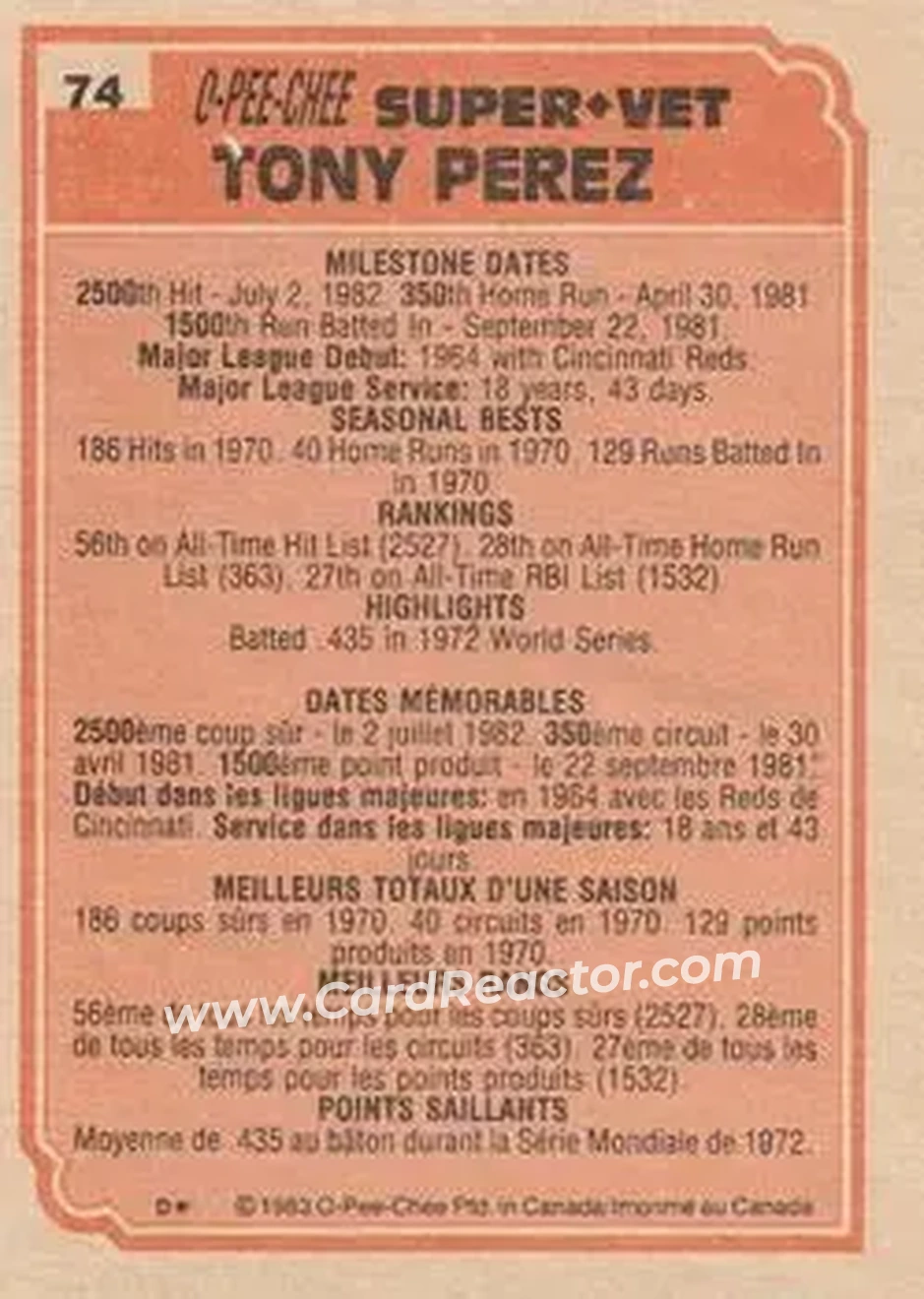 1983 O-Pee-Chee #74 - Tony Pérez - Back 1983 O-Pee-Chee #74 - Tony Pérez - Back