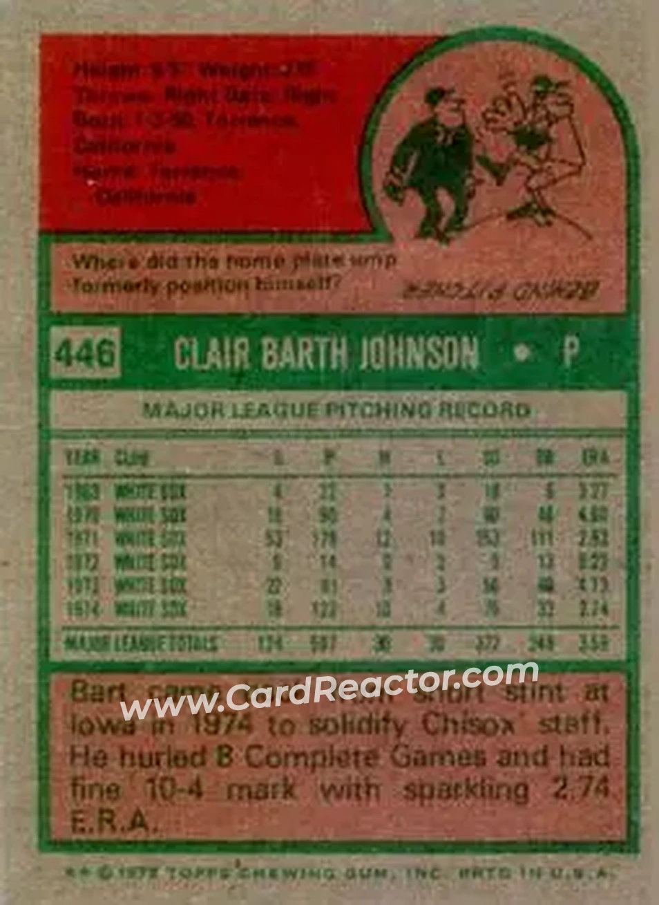 1975 Topps #446 - Bart Johnson - Chicago White Sox - Back