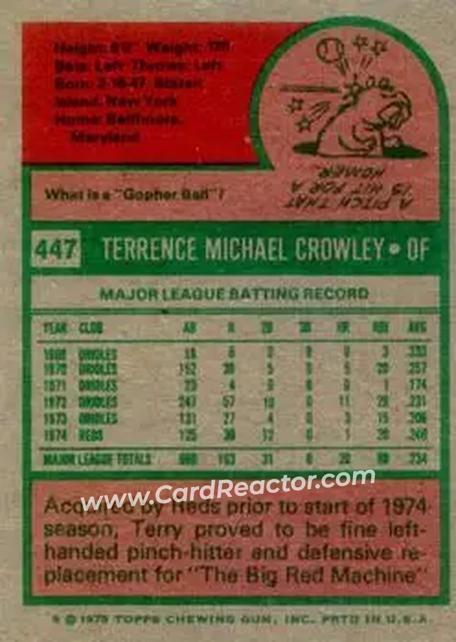 1975 Topps #447 - Terry Crowley - Cincinnati Reds - Back