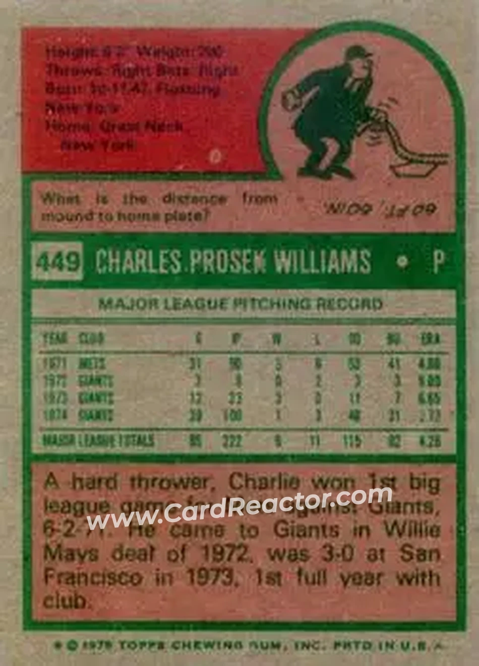 1975 Topps #449 - Charlie Williams - San Francisco Giants - Back