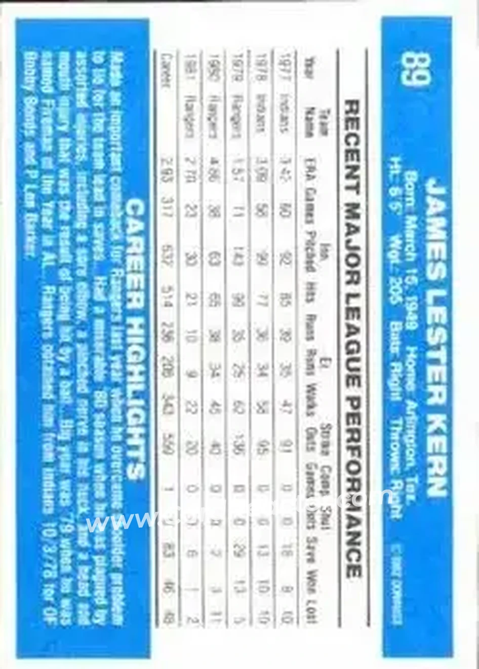 1982 Donruss #89 - Jim Kern - Texas Rangers - Back 1982 Donruss #89 - Jim Kern - Texas Rangers - Back